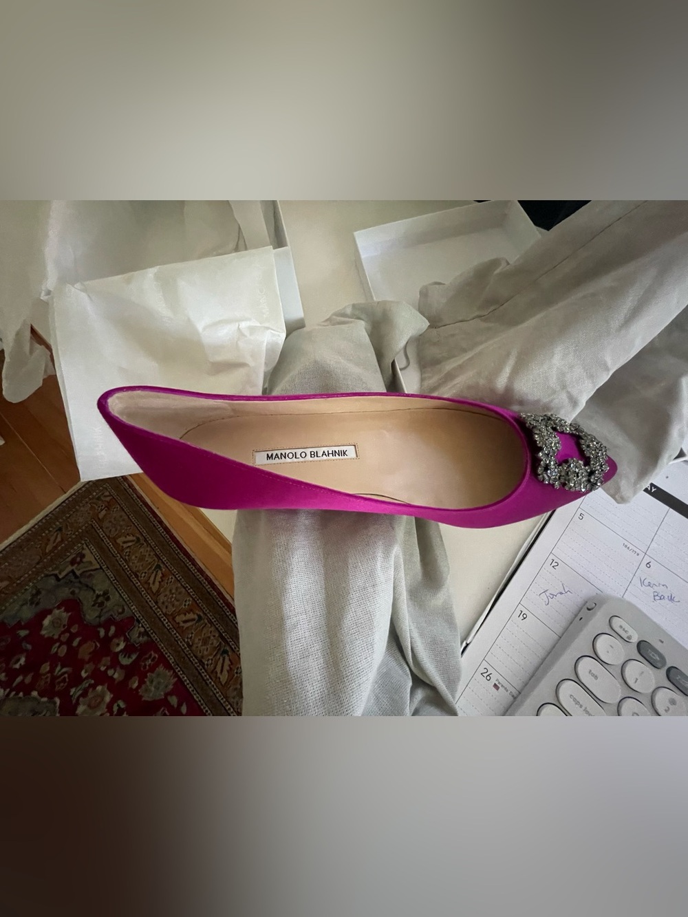 Manolo Blahnik Fuchsia Satin Pointed-Toe Pump with Crystal Buckle